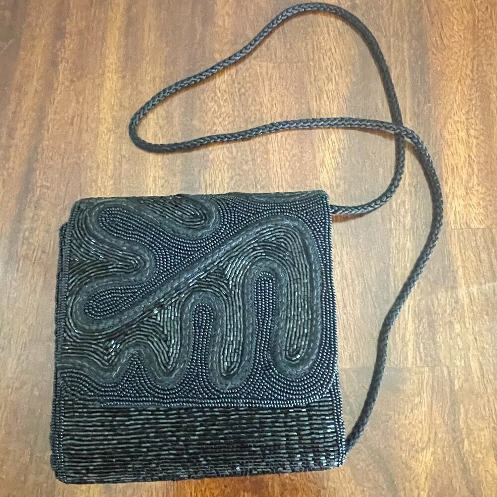 Lord & Taylor Black Beaded Crossbody Purse Bag 6" x 6"!